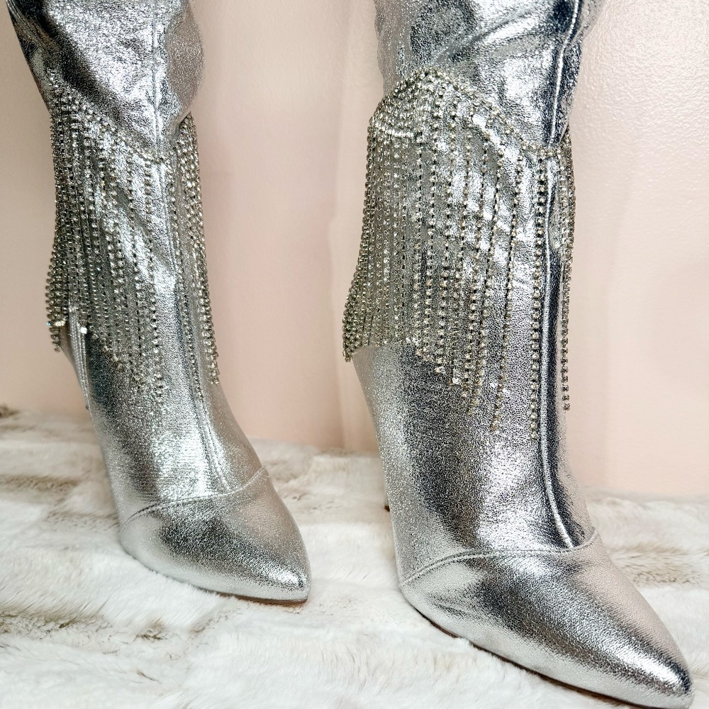 * Berness Silver Metallic  W/Dangling Rhinestone Fringe 4 1/2" Stiletto OTK Boot - Picture 3 of 9
